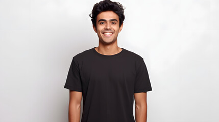 People positive emotions concept. Studio waist up of young happy smiling broadly Hindu man standing in centre isolated on white background wearing black casual t shirt looking straight at camera - obrazy, fototapety, plakaty