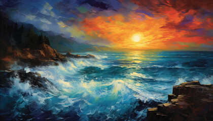 A seascape of a dynamic stormy sea, rendered with bright brushstrokes and vibrant colors. - obrazy, fototapety, plakaty