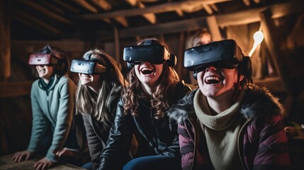 Friends wearing VR headsets, immersed in virtual reality gaming, sharing excitement and smiles