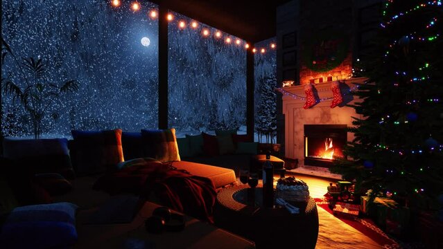 A cosy, warm atmosphere near a burning fireplace, a Christmas tree with gifts against the backdrop of falling snow and a cold, white moon. Christmas background. 3D animation.