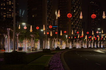 Sheikh Zayed Road in the center of the city decorated for Chinese New Year celebration. Dubai, UAE - 2 February, 2020