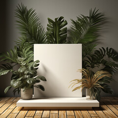 3d render of minimal display podium with tropical plants. Mockup