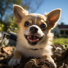 A photo of Cute Chihuahua dog playing in the garden on a sunny day Generative AI