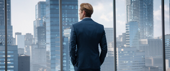 Thoughtful Young Businessman in a Perfect Tailored Suit Standing in His Modern Office Looking out...