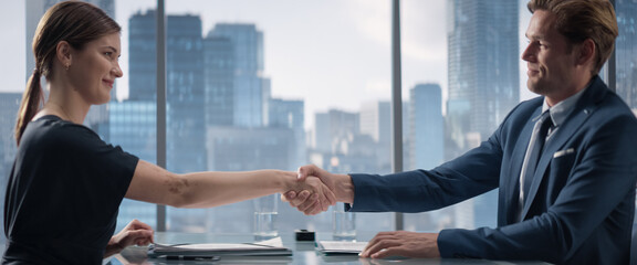Female and Male Business Partners Sign Successful Deal and Shake Hands in Meeting Room in...