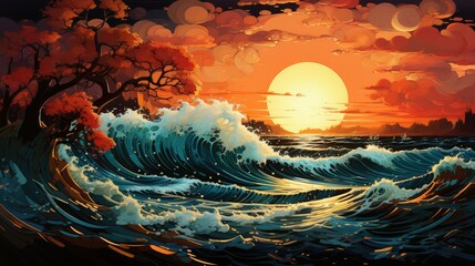 Vivid ocean illustration featuring large curling waves with white caps against a stunning orange sunset, creating a captivating blue and orange contrast.