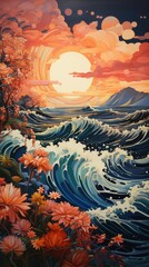 Vivid ocean illustration featuring large curling waves with white caps against a stunning orange sunset, creating a captivating blue and orange contrast.