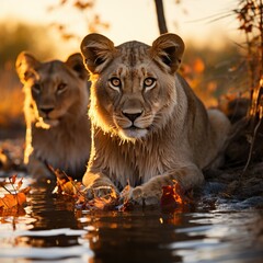 A photo of Lion cubs at sunset in Kruger National Park, South Africa Specie Panthera leo family of Felidae Generative AI