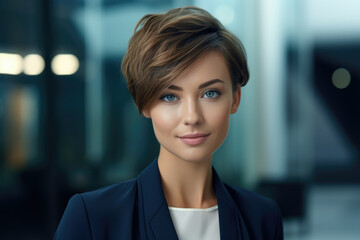 Fototapeta premium Close-up female serious face headshot portrait outdoors caucasian middle aged business woman boss blonde short haired lady wears formal shirt calm looking at camera standing posing on street