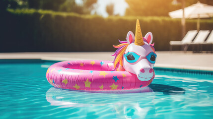 swimming inflatable ring in the pool, summer, hotel, vacation, weekend, blue clear water, resort, aqua, lifestyle, party, park, beauty, sun, bright light, pink, fun, rubber toy, unicorn - obrazy, fototapety, plakaty
