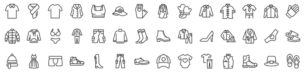 Set of outline icons related to clothes. Linear icon collection. Editable stroke. Vector illustration - obrazy, fototapety, plakaty