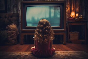 Little girl watching a TV at home, back view. AI generative - obrazy, fototapety, plakaty