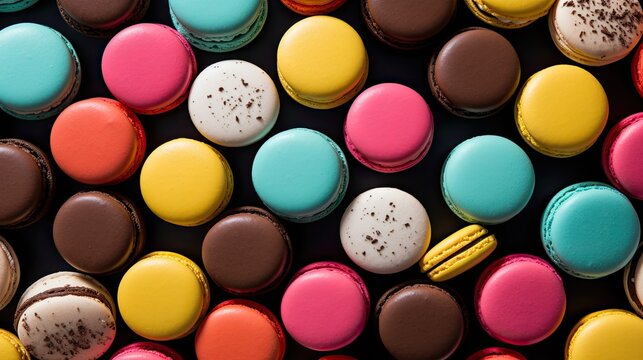 Colorful macaroons on a black background. Top view. Ai generative