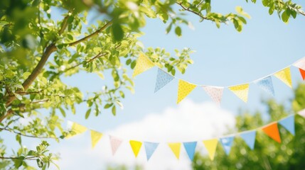 Vibrant blue sky backdrop with lush green tree branches, adorned with strings of small triangle flags, creating a festive summer atmosphere with ample open blue space for text.