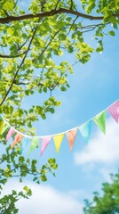 Vibrant blue sky backdrop with lush green tree branches, adorned with strings of small triangle flags, creating a festive summer atmosphere with ample open blue space for text.
