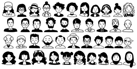 set of outline free hand drawing people icon face