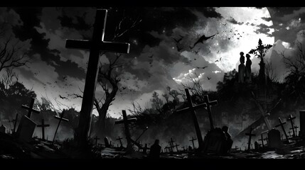 Horror anime manga art, background illustration design