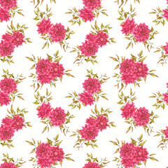 Seamless pattern with watercolor flowers and leaves on a white background. Wedding, birthday, anniversary, Valentine's Day. Design of cards, wrapping paper, fabric, textiles, stationery, scrapbooking.