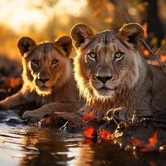A picture of Lion cubs at sunset in Kruger National Park, South Africa Specie Panthera leo family of Felidae. Generative AI - obrazy, fototapety, plakaty