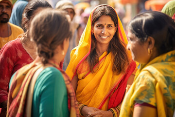 A young tourist girl in nepal dressed in red and orange smiles around a group of people.