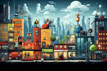 Cartoon Cityscape with Playful Superheroes - obrazy, fototapety, plakaty