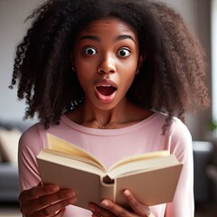 african woman surprised by the content she is reading in the book, concept of hobbies and leisure, generative ai