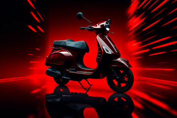 Red scooter is parked in dark room with red lights.