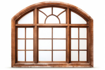 Window with wooden frame and arched glass panes on the side.