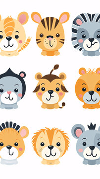 Joyful Safari Animal Faces Vector Set Including Tiger, Lion, Elephant, Giraffe, Zebra, Hippo, Rhino, Monkey