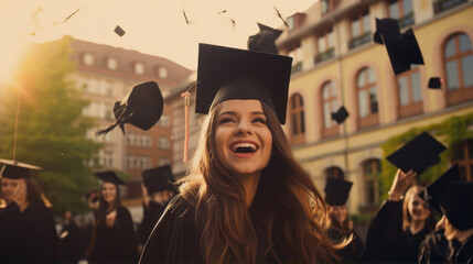 Obraz premium Pictures of the atmosphere at a university graduation ceremony. Emotions: happiness, pride, joy, delight.