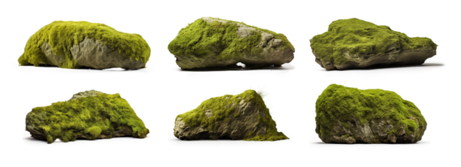 set of realistic nature mossy rocks. stones with moss. isolated on transparent, PNG or white background. collection of overgrown stones for natural garden yard decoration.