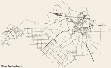 Detailed hand-drawn navigational urban street roads map of the Dutch city of GILZE, NETHERLANDS with solid road lines and name tag on vintage background