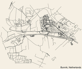 Detailed hand-drawn navigational urban street roads map of the Dutch city of BUNNIK, NETHERLANDS with solid road lines and name tag on vintage background