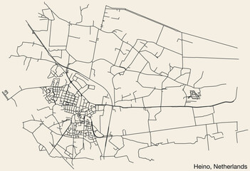Detailed hand-drawn navigational urban street roads map of the Dutch city of HEINO, NETHERLANDS with solid road lines and name tag on vintage background