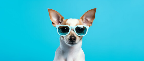 Dog with sunglasses on blue background