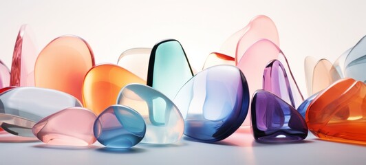 Many pastel multicolored abstract glass stones in different shapes. Banner