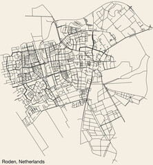Detailed hand-drawn navigational urban street roads map of the Dutch city of RODEN, NETHERLANDS with solid road lines and name tag on vintage background
