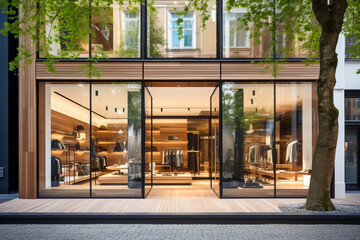 Modern clothing boutique facade, wooden decor elements, big windows.