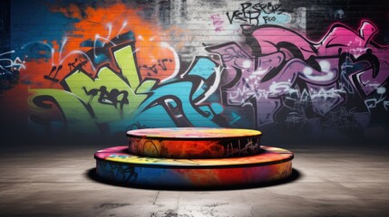 Urban-style cylinder product display, perfect for rendering products in an edgy environment featuring graffiti and street art elements, adding a touch of urban grunge.