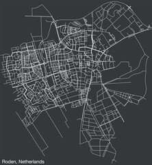 Detailed hand-drawn navigational urban street roads map of the Dutch city of RODEN, NETHERLANDS with solid road lines and name tag on vintage background