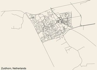 Detailed hand-drawn navigational urban street roads map of the Dutch city of ZUIDHORN, NETHERLANDS with solid road lines and name tag on vintage background