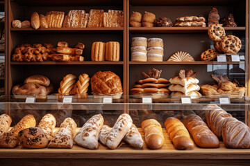 Delicious pastries and breads placed on shelf at bakery shop, various of bread for selling in shop.