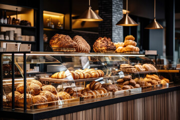 Delicious pastries and breads placed on shelf at bakery shop, various of bread for selling in shop.