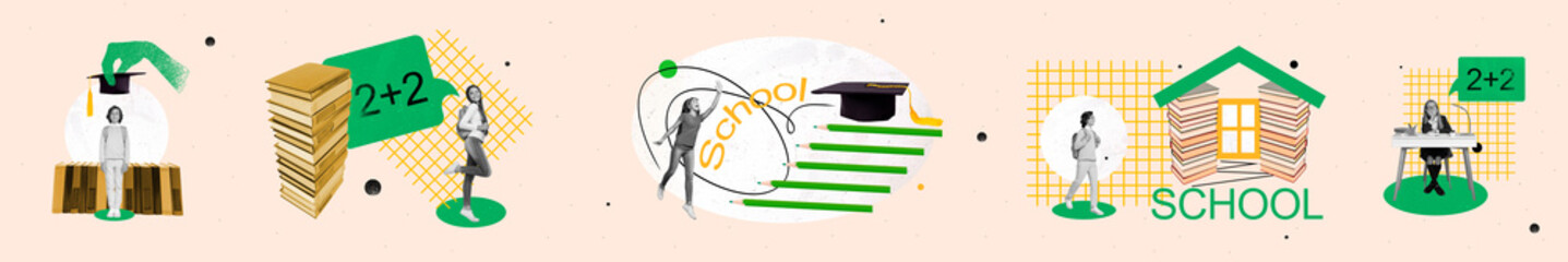 Collage panorama multiple of school children has degree in college mortarboard read books study...