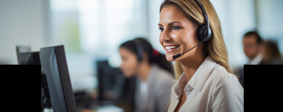 Call center agent with headset working on support hotline in modern office. Video conference. nline training.