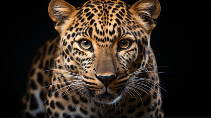 A Panthera pardus, or Leopard, stands gazing at the lens against a dark backdrop.