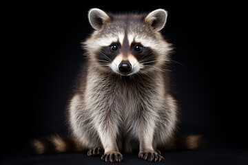 A raccoon stands alone against a dark backdrop.
