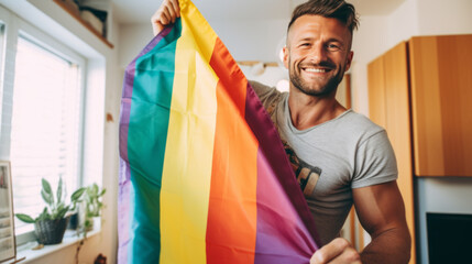 smiling gay men with gay pride flag at home