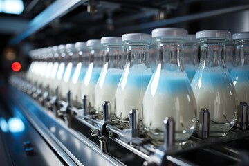 milk factory. machine filling milk in bottles in line production. modern factory