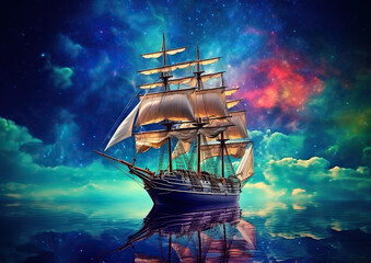 Fototapeta premium low angle a schooner on the moon eys in the sky Futurism 